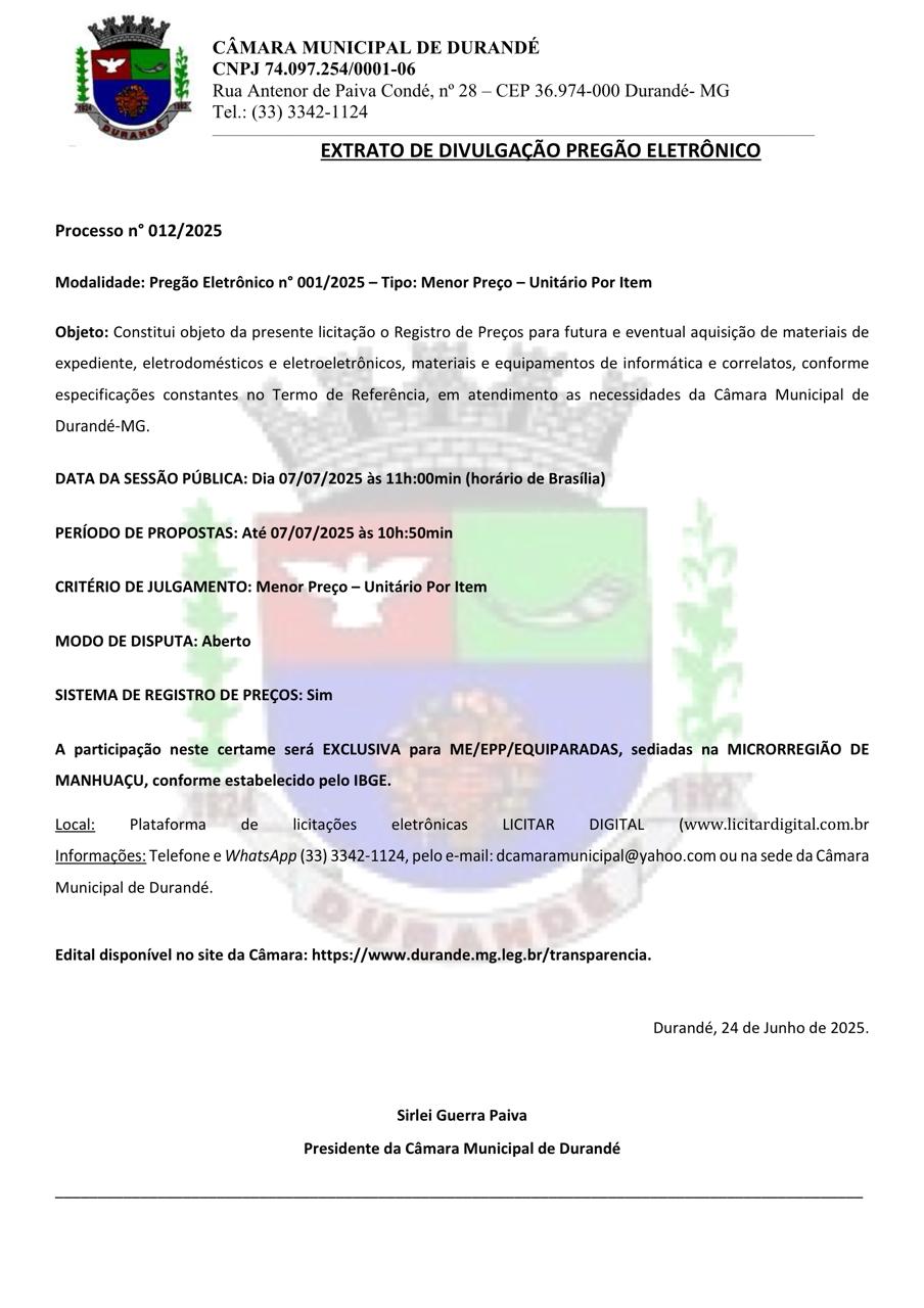  EXTRATO DE DIVULGAÇÃO PREGÃO ELETRÔNICO Processo n° 012/2025